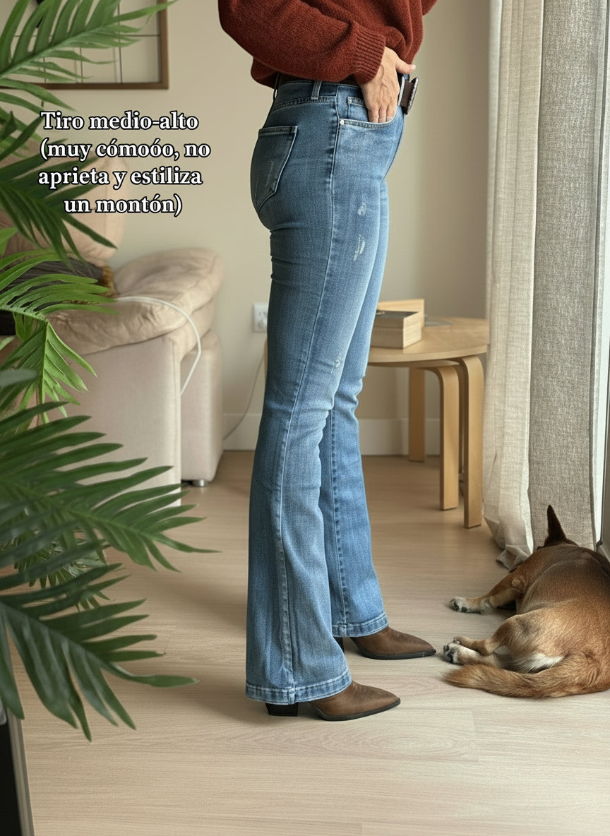 Pantalón flare vaquero elástico de mujer estilo retro