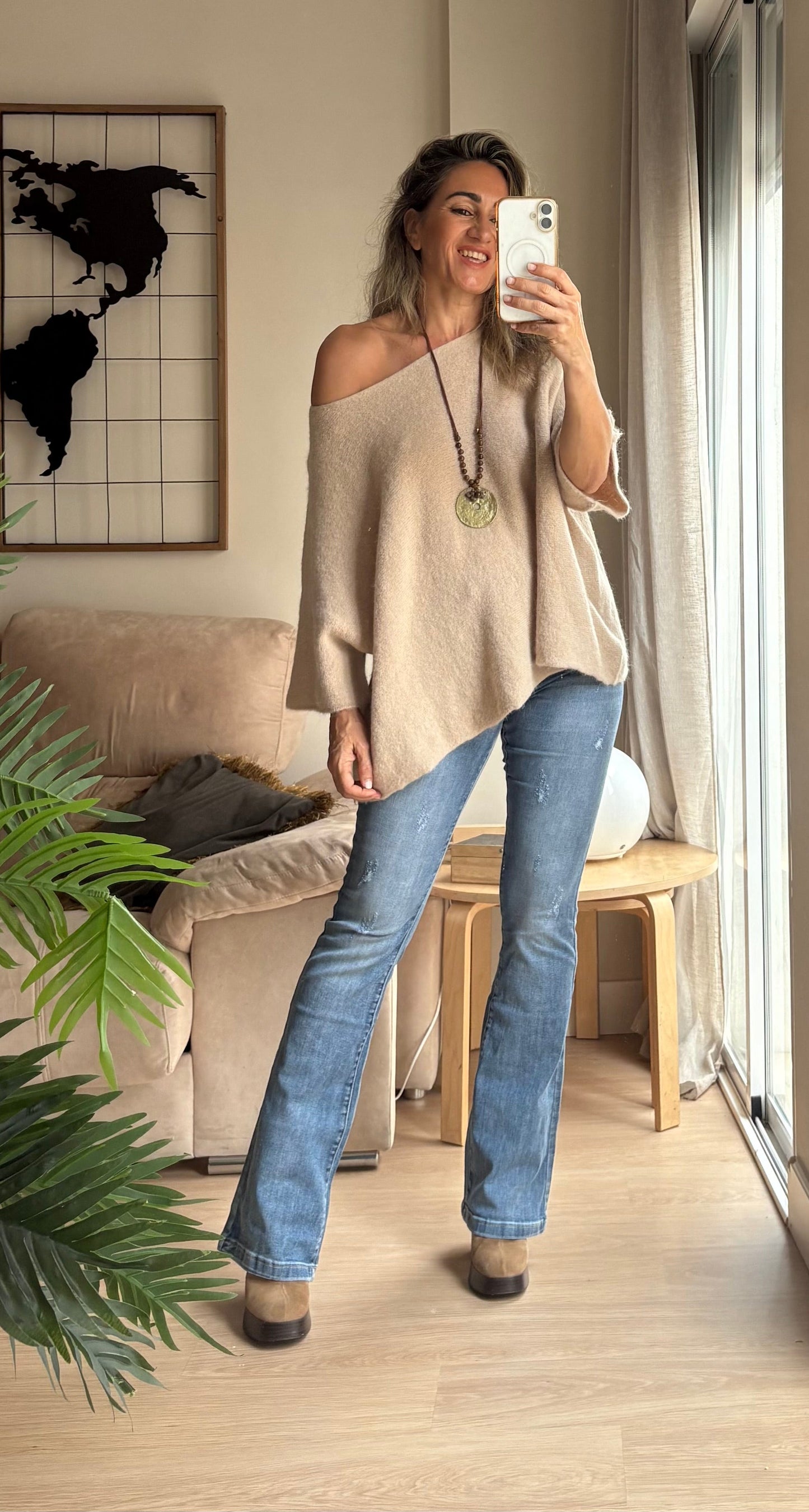 Pantalón flare vaquero elástico de mujer estilo retro