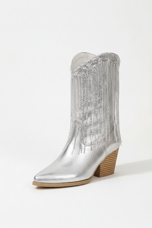 SIERAYA – Botas vaqueras metalizadas con flecos para mujer